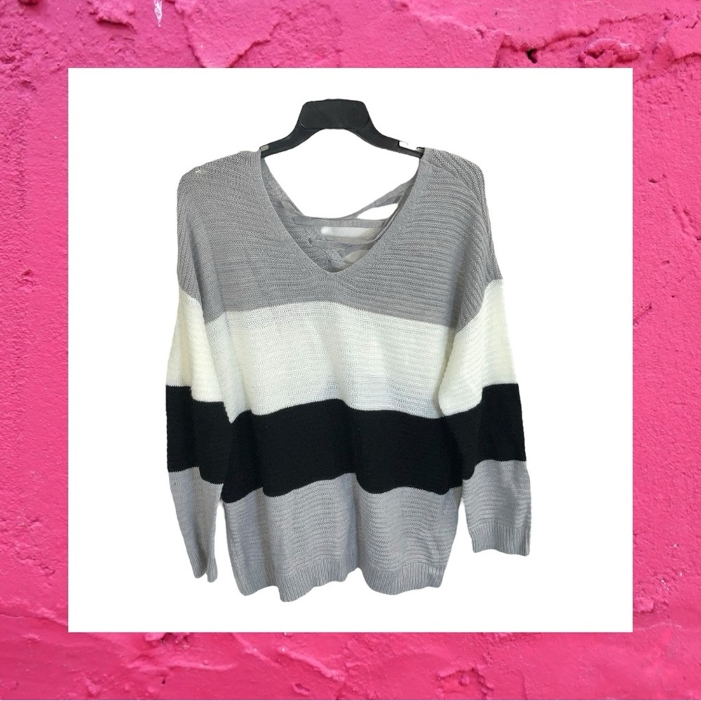 FCT With Love Gray White Black Block Striped Sweater w Back Lacing Women Sz 3X